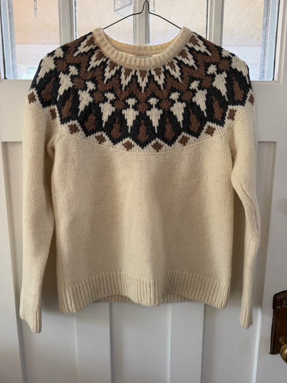 L.L. Bean Cream Crewneck Sweater with Brown and Black Nordic Yoke